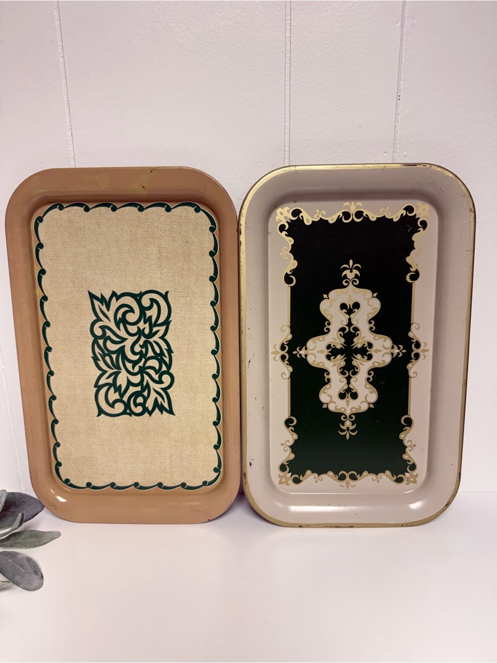 Vintage Mid-Century Tin Litho Stacking Metal Serving Trays (Set of 2) Rectangle
